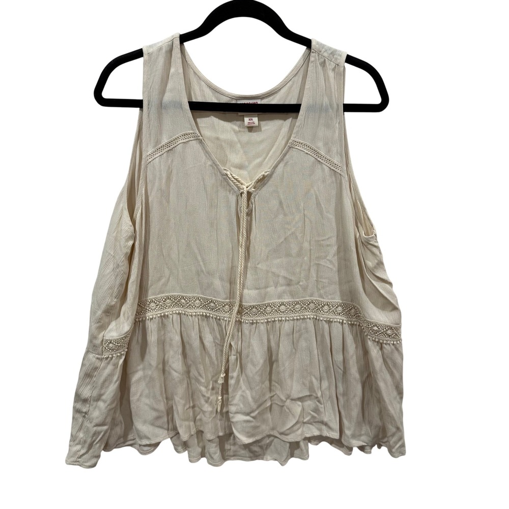 Mossimo Supply Co Womens XXL Cream Boho Lace Trim Tie Neck Babydoll Tank Top